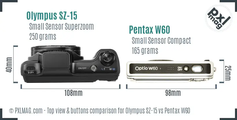 Olympus SZ-15 vs Pentax W60 top view buttons comparison
