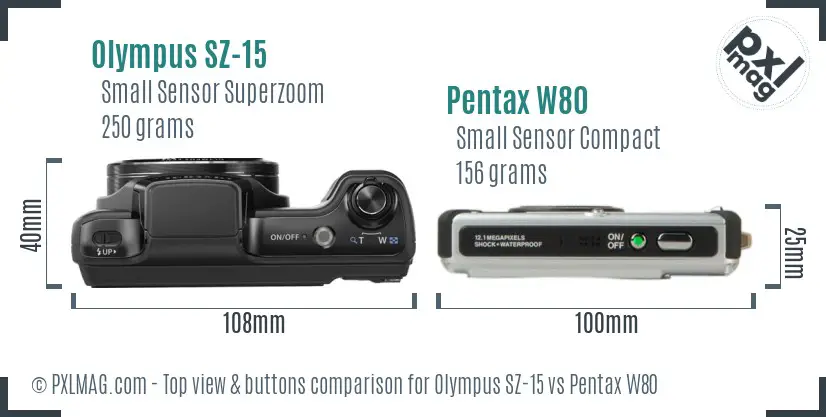 Olympus SZ-15 vs Pentax W80 top view buttons comparison