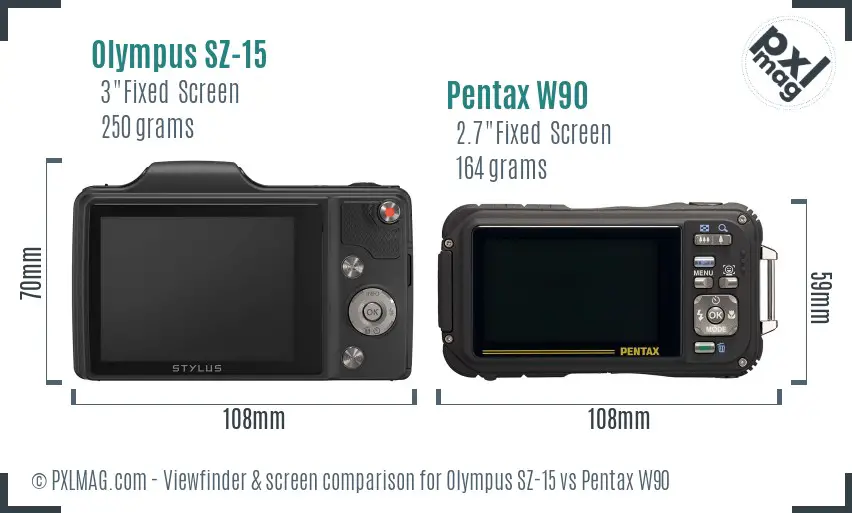 Olympus SZ-15 vs Pentax W90 Screen and Viewfinder comparison