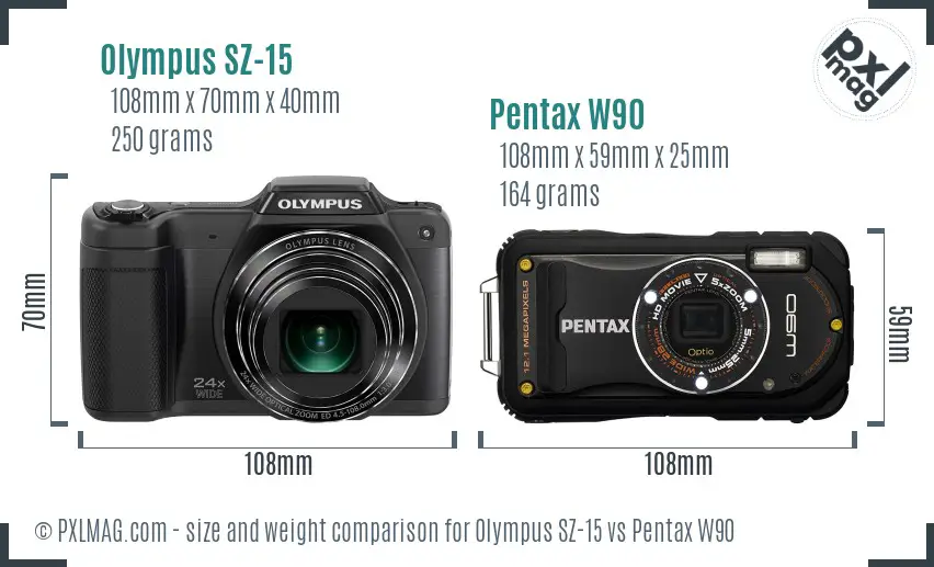 Olympus SZ-15 vs Pentax W90 size comparison