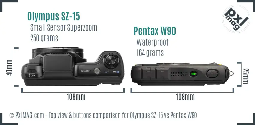 Olympus SZ-15 vs Pentax W90 top view buttons comparison