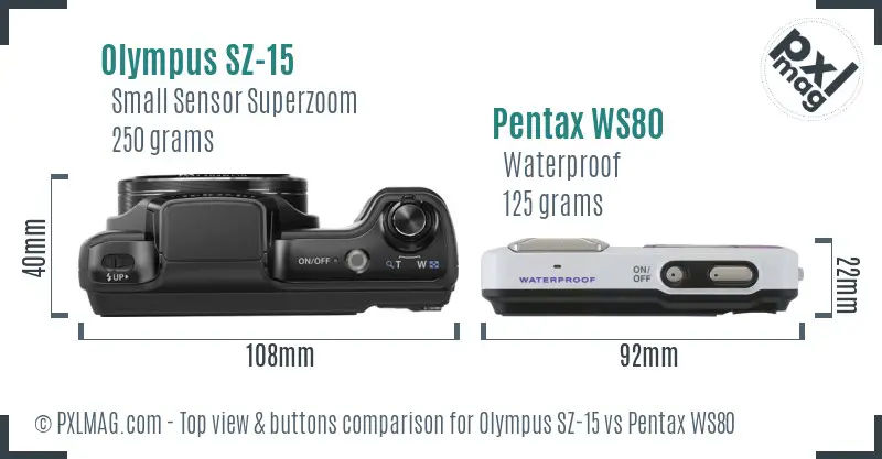 Olympus SZ-15 vs Pentax WS80 top view buttons comparison