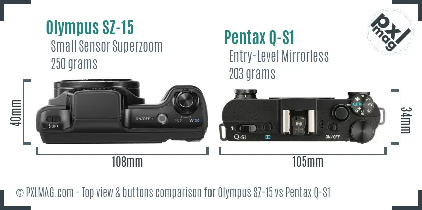 Olympus SZ-15 vs Pentax Q-S1 top view buttons comparison