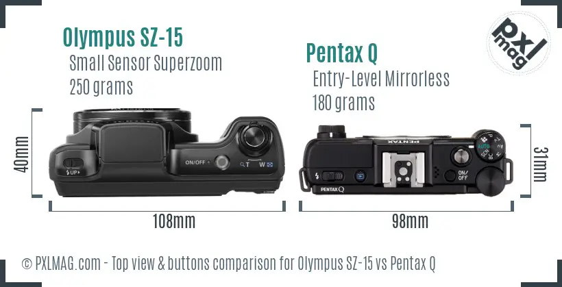 Olympus SZ-15 vs Pentax Q top view buttons comparison