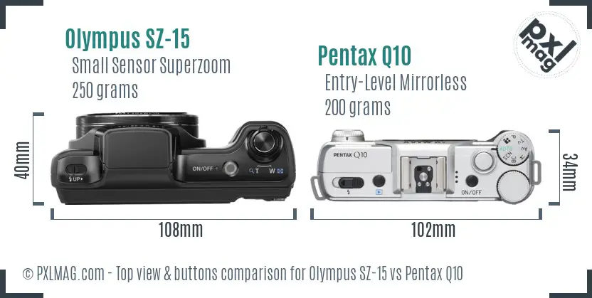 Olympus SZ-15 vs Pentax Q10 top view buttons comparison