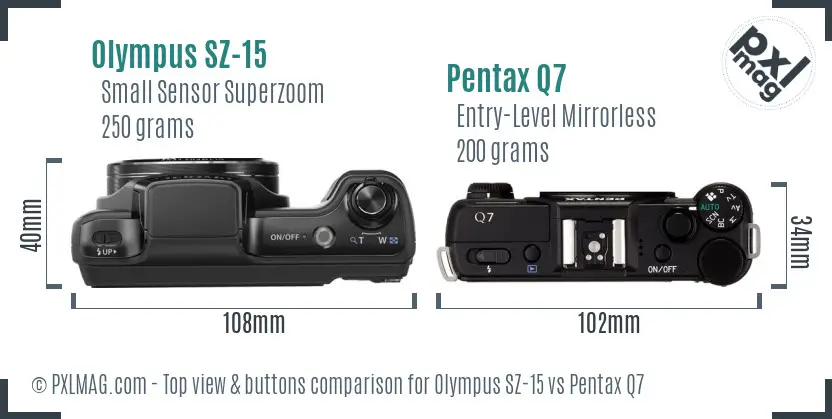 Olympus SZ-15 vs Pentax Q7 top view buttons comparison