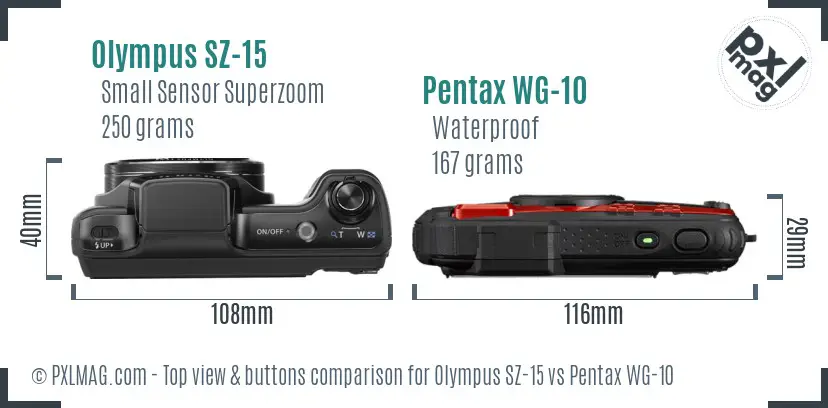 Olympus SZ-15 vs Pentax WG-10 top view buttons comparison
