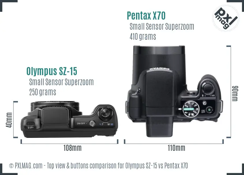 Olympus SZ-15 vs Pentax X70 top view buttons comparison