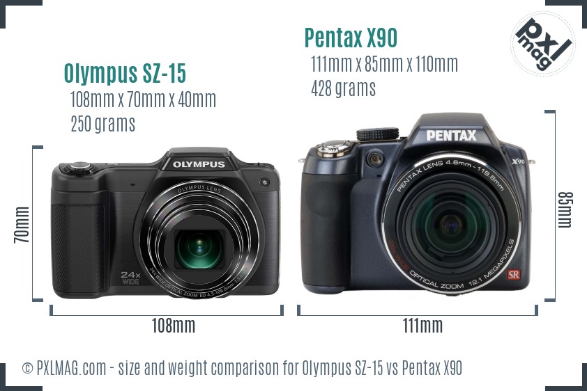 Olympus SZ-15 vs Pentax X90 size comparison