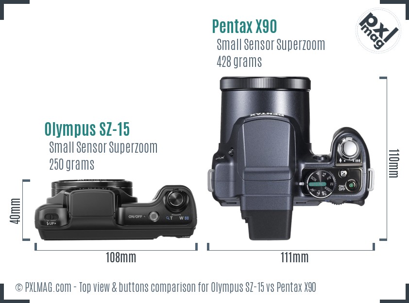 Olympus SZ-15 vs Pentax X90 top view buttons comparison