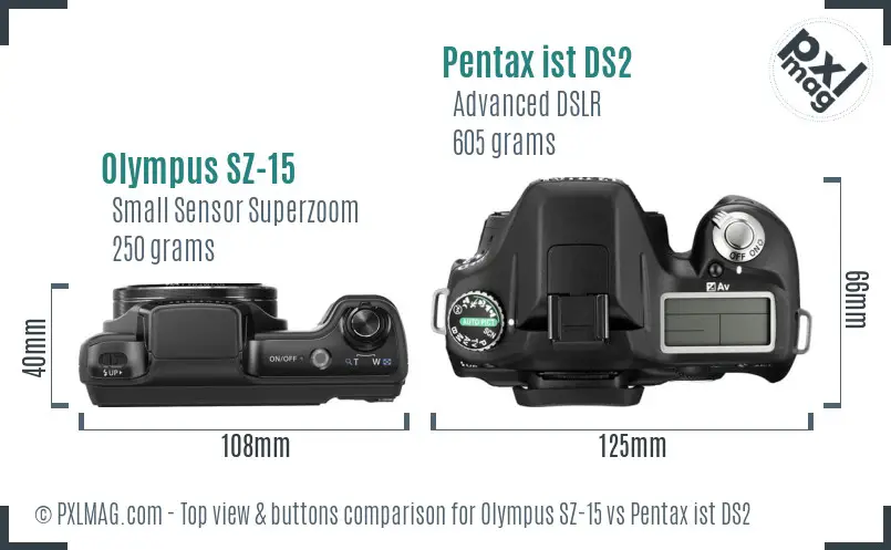 Olympus SZ-15 vs Pentax ist DS2 top view buttons comparison Olympus SZ-15 vs Pentax ist DS2 top view buttons comparison