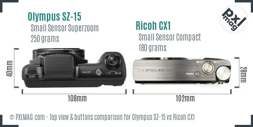 Olympus SZ-15 vs Ricoh CX1 top view buttons comparison