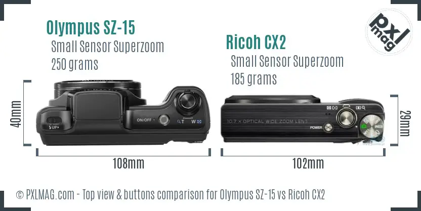 Olympus SZ-15 vs Ricoh CX2 top view buttons comparison Olympus SZ-15 vs Ricoh CX2 top view buttons comparison