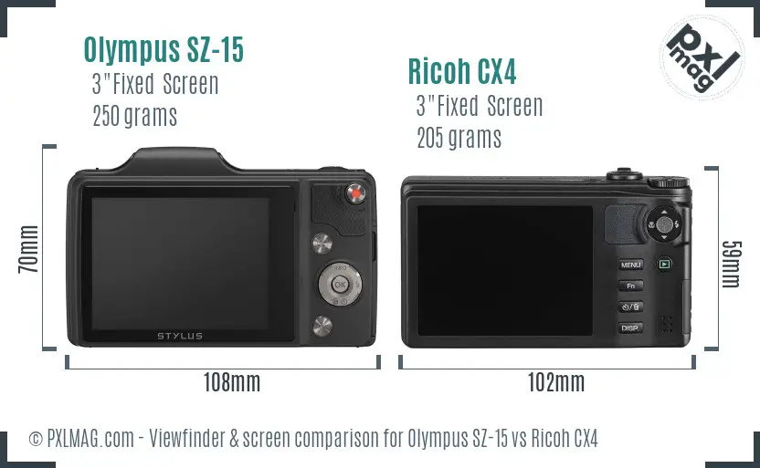 Olympus SZ-15 vs Ricoh CX4 Screen and Viewfinder comparison
