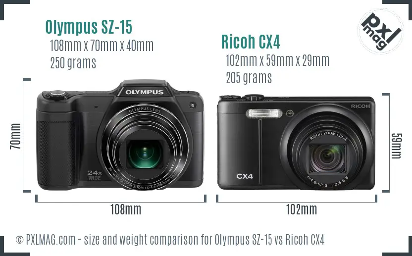 Olympus SZ-15 vs Ricoh CX4 size comparison