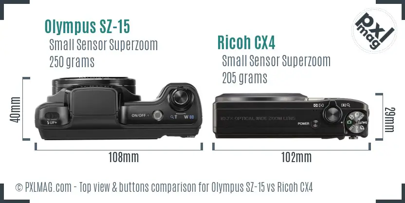 Olympus SZ-15 vs Ricoh CX4 top view buttons comparison