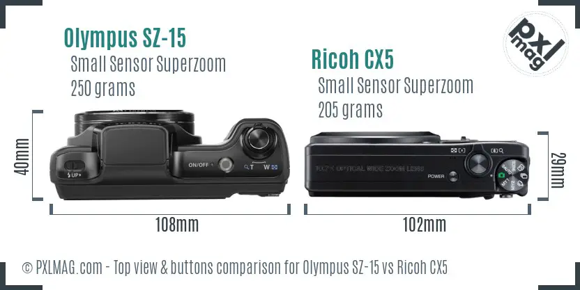 Olympus SZ-15 vs Ricoh CX5 top view buttons comparison Olympus SZ-15 vs Ricoh CX5 top view buttons comparison