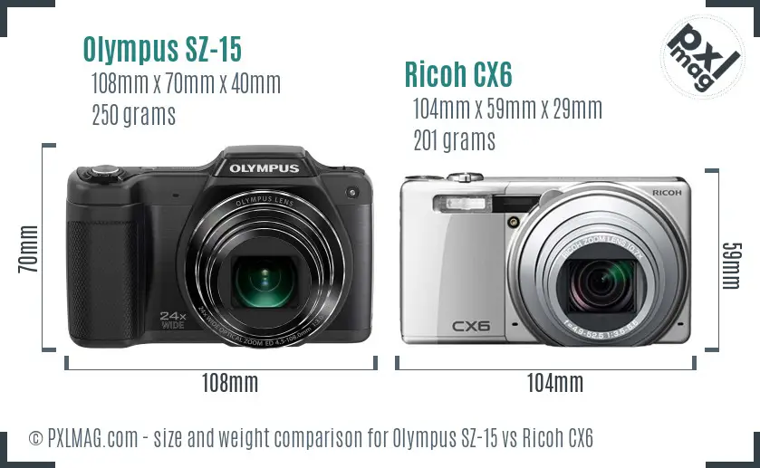 Olympus SZ-15 vs Ricoh CX6 size comparison