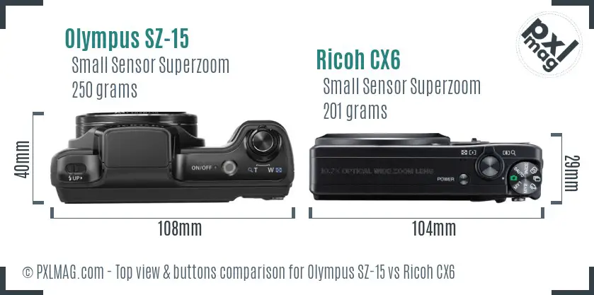 Olympus SZ-15 vs Ricoh CX6 top view buttons comparison