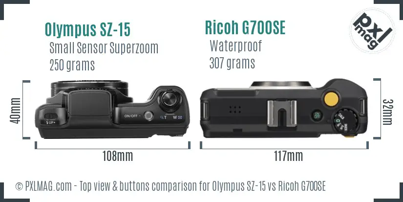 Olympus SZ-15 vs Ricoh G700SE top view buttons comparison