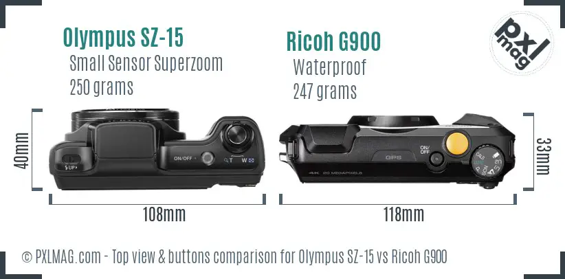Olympus SZ-15 vs Ricoh G900 top view buttons comparison Olympus SZ-15 vs Ricoh G900 top view buttons comparison