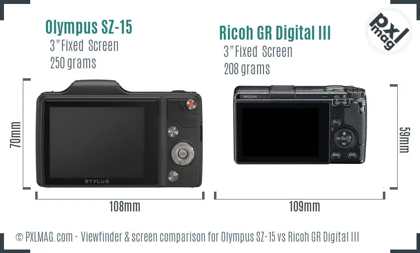 Olympus SZ-15 vs Ricoh GR Digital III Screen and Viewfinder comparison