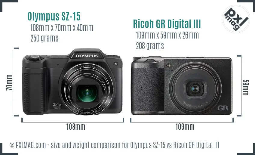 Olympus SZ-15 vs Ricoh GR Digital III size comparison