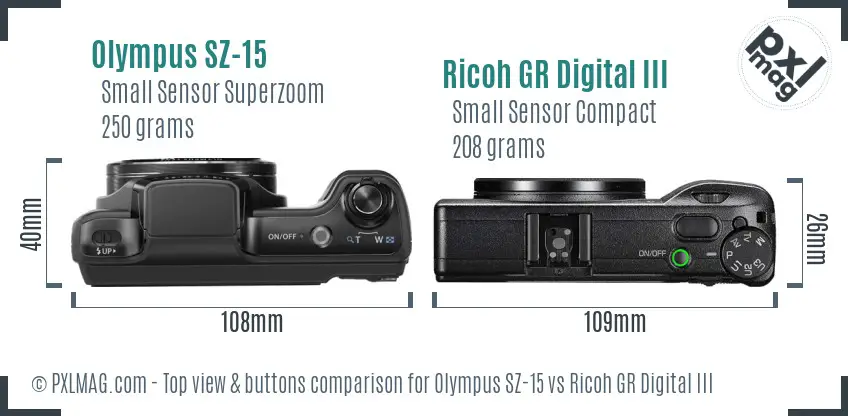 Olympus SZ-15 vs Ricoh GR Digital III top view buttons comparison