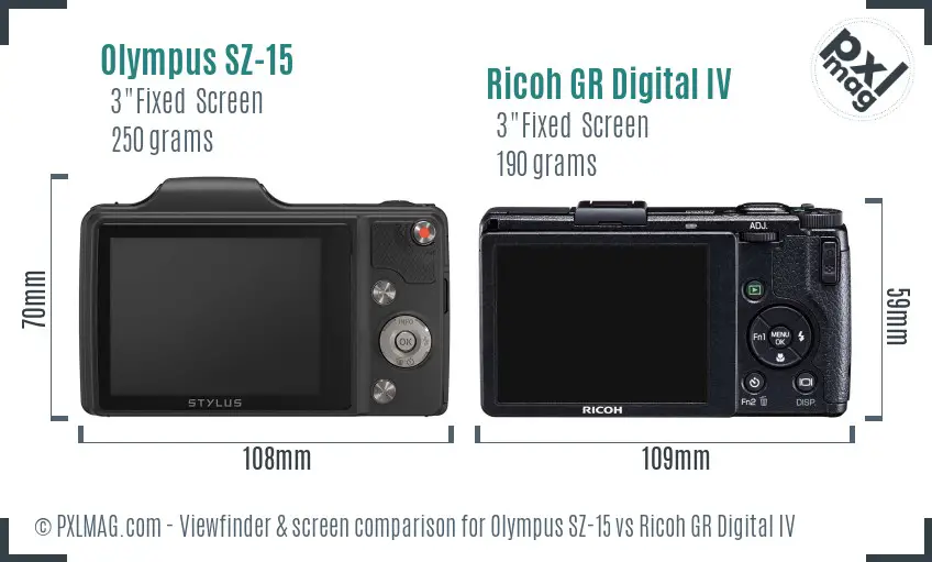 Olympus SZ-15 vs Ricoh GR Digital IV Screen and Viewfinder comparison