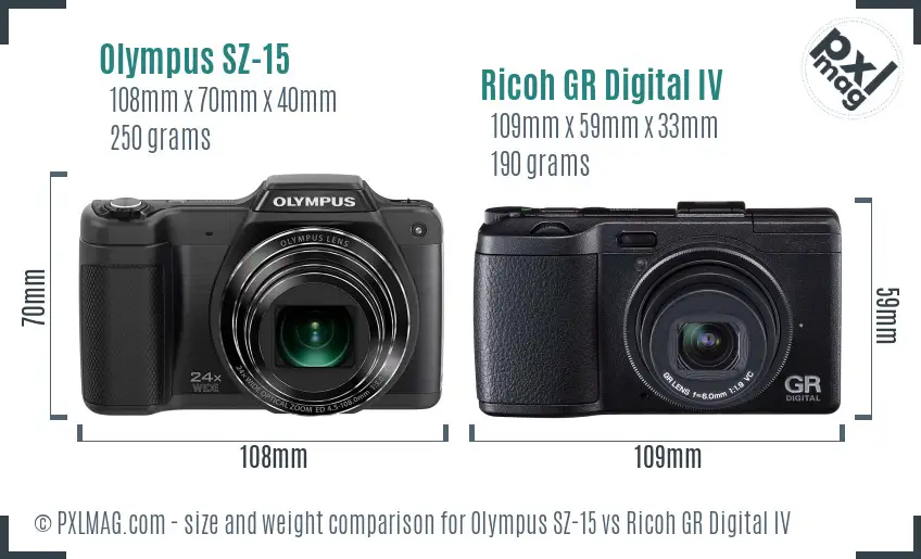 Olympus SZ-15 vs Ricoh GR Digital IV size comparison