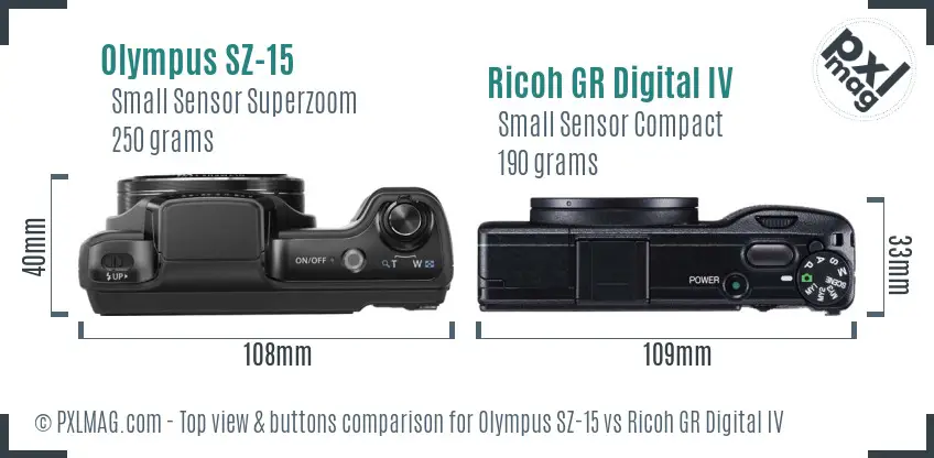 Olympus SZ-15 vs Ricoh GR Digital IV top view buttons comparison