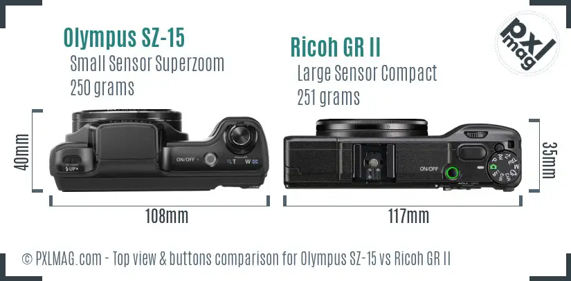 Olympus SZ-15 vs Ricoh GR II top view buttons comparison