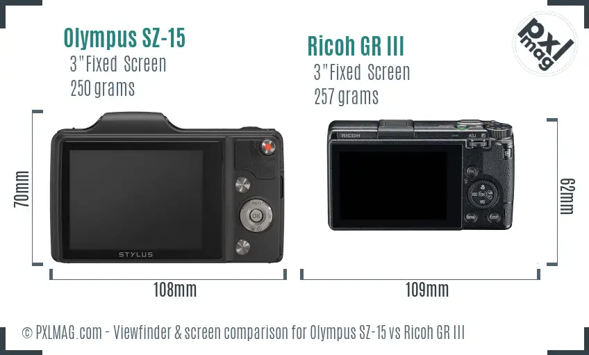 Olympus SZ-15 vs Ricoh GR III Screen and Viewfinder comparison