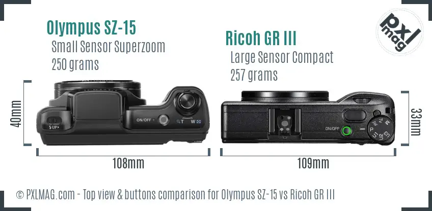 Olympus SZ-15 vs Ricoh GR III top view buttons comparison