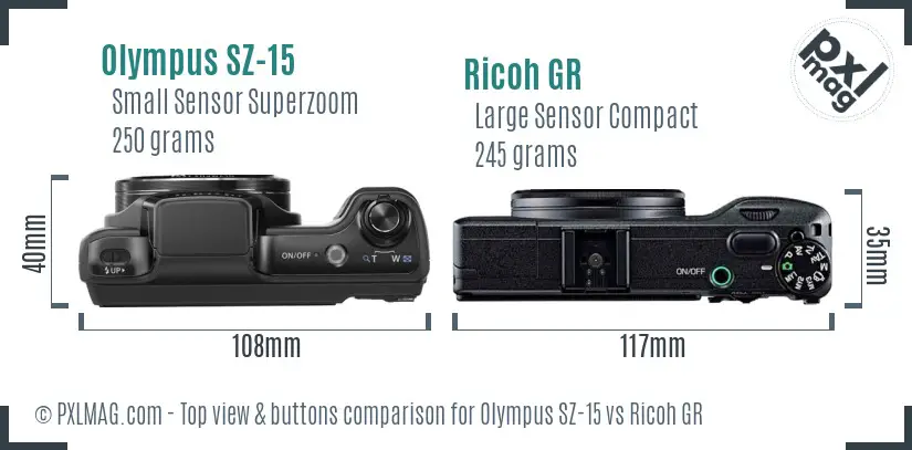 Olympus SZ-15 vs Ricoh GR top view buttons comparison Olympus SZ-15 vs Ricoh GR top view buttons comparison