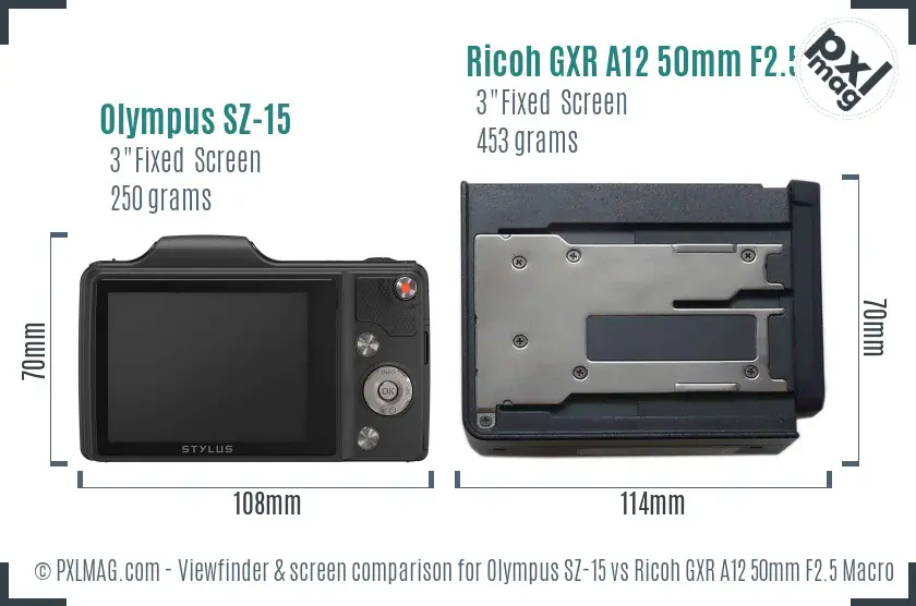 Olympus SZ-15 vs Ricoh GXR A12 50mm F2.5 Macro Screen and Viewfinder comparison Olympus SZ-15 vs Ricoh GXR A12 50mm F2.5 Macro Screen and Viewfinder comparison