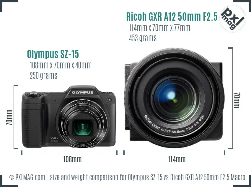 Olympus SZ-15 vs Ricoh GXR A12 50mm F2.5 Macro size comparison Olympus SZ-15 vs Ricoh GXR A12 50mm F2.5 Macro size comparison