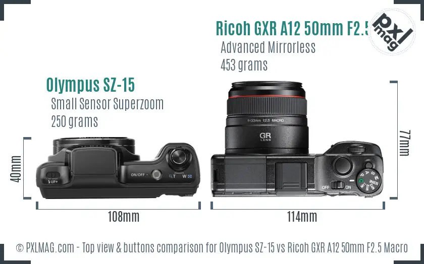 Olympus SZ-15 vs Ricoh GXR A12 50mm F2.5 Macro top view buttons comparison Olympus SZ-15 vs Ricoh GXR A12 50mm F2.5 Macro top view buttons comparison