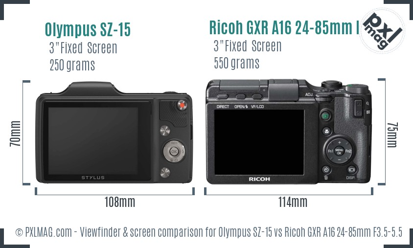 Olympus SZ-15 vs Ricoh GXR A16 24-85mm F3.5-5.5 Screen and Viewfinder comparison