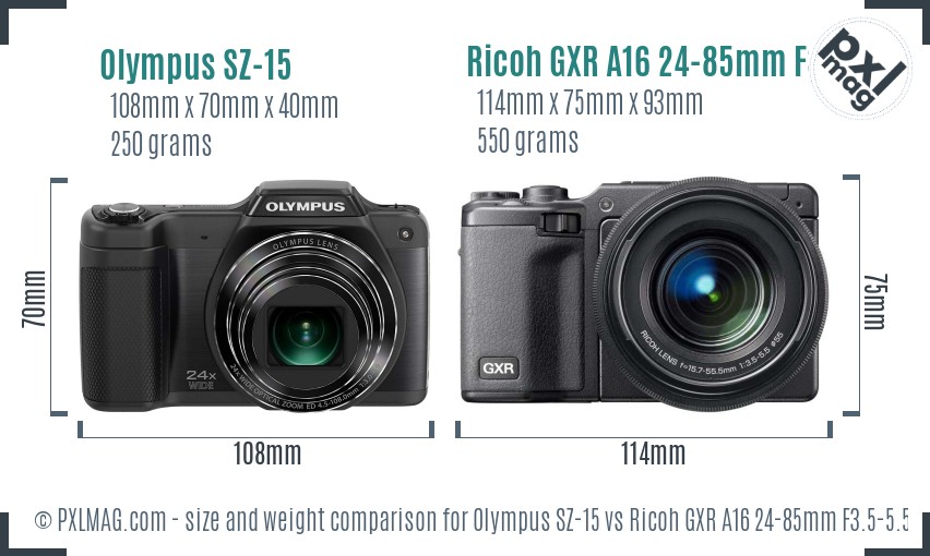 Olympus SZ-15 vs Ricoh GXR A16 24-85mm F3.5-5.5 size comparison Olympus SZ-15 vs Ricoh GXR A16 24-85mm F3.5-5.5 size comparison