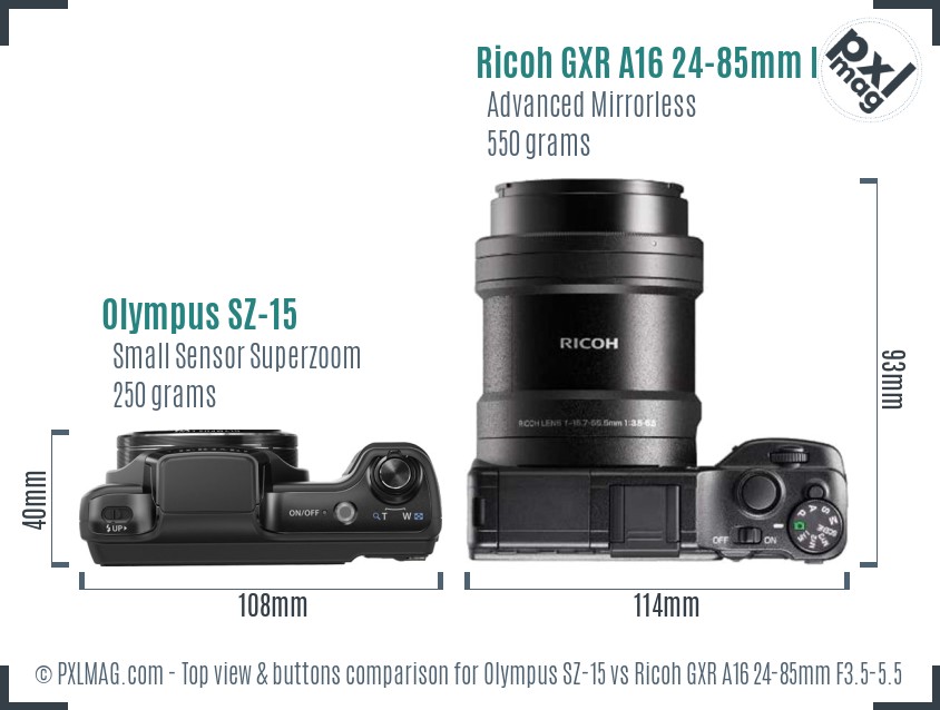 Olympus SZ-15 vs Ricoh GXR A16 24-85mm F3.5-5.5 top view buttons comparison
