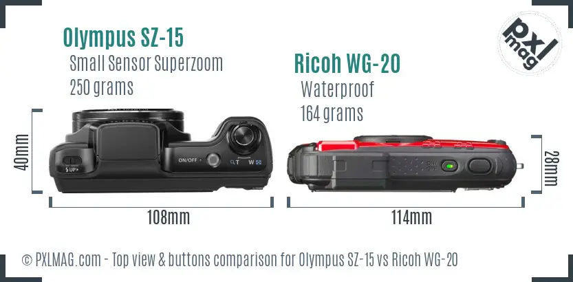 Olympus SZ-15 vs Ricoh WG-20 top view buttons comparison