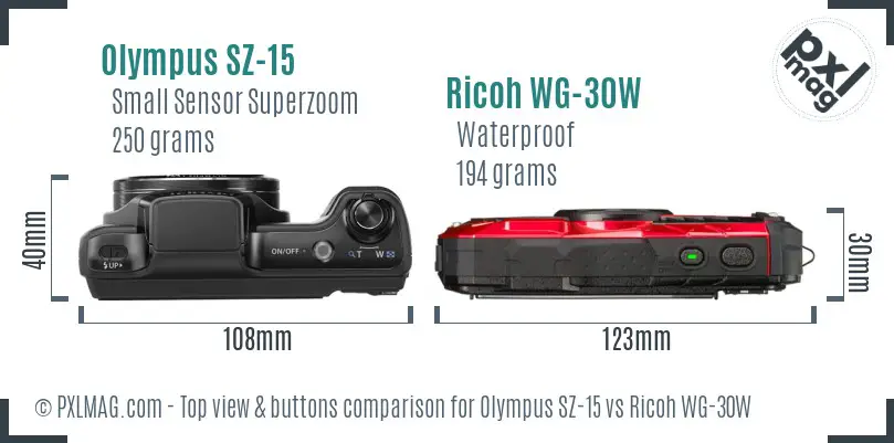 Olympus SZ-15 vs Ricoh WG-30W top view buttons comparison