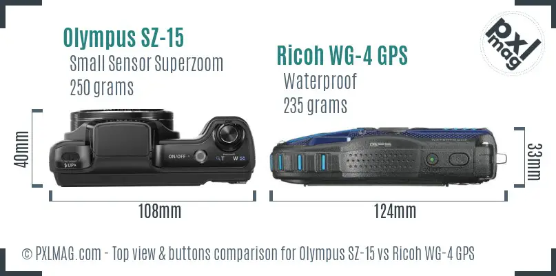 Olympus SZ-15 vs Ricoh WG-4 GPS top view buttons comparison