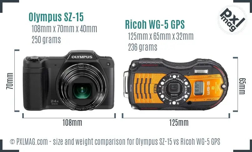 Olympus SZ-15 vs Ricoh WG-5 GPS size comparison Olympus SZ-15 vs Ricoh WG-5 GPS size comparison