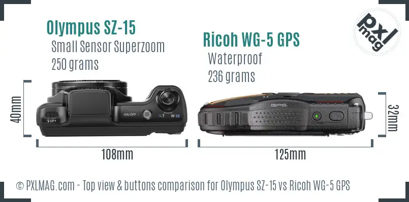 Olympus SZ-15 vs Ricoh WG-5 GPS top view buttons comparison Olympus SZ-15 vs Ricoh WG-5 GPS top view buttons comparison