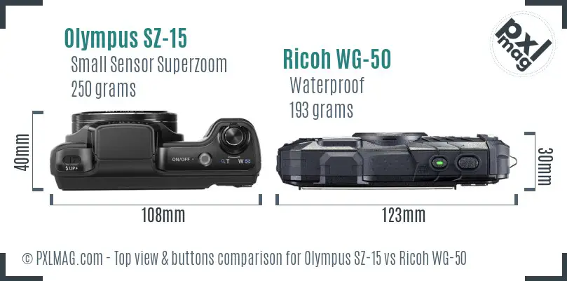 Olympus SZ-15 vs Ricoh WG-50 top view buttons comparison