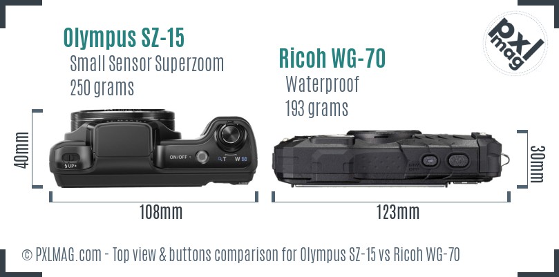 Olympus SZ-15 vs Ricoh WG-70 top view buttons comparison