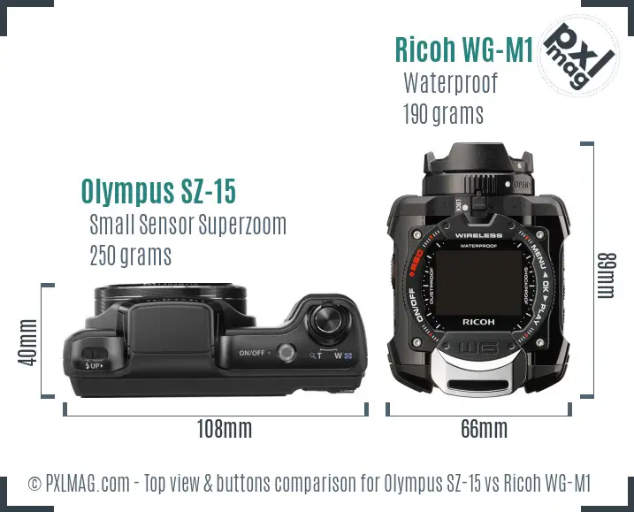Olympus SZ-15 vs Ricoh WG-M1 top view buttons comparison