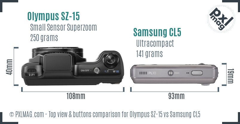 Olympus SZ-15 vs Samsung CL5 top view buttons comparison